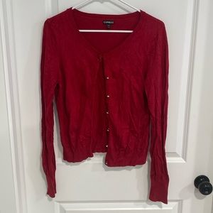 Express red cardigan with gem stone buttons
